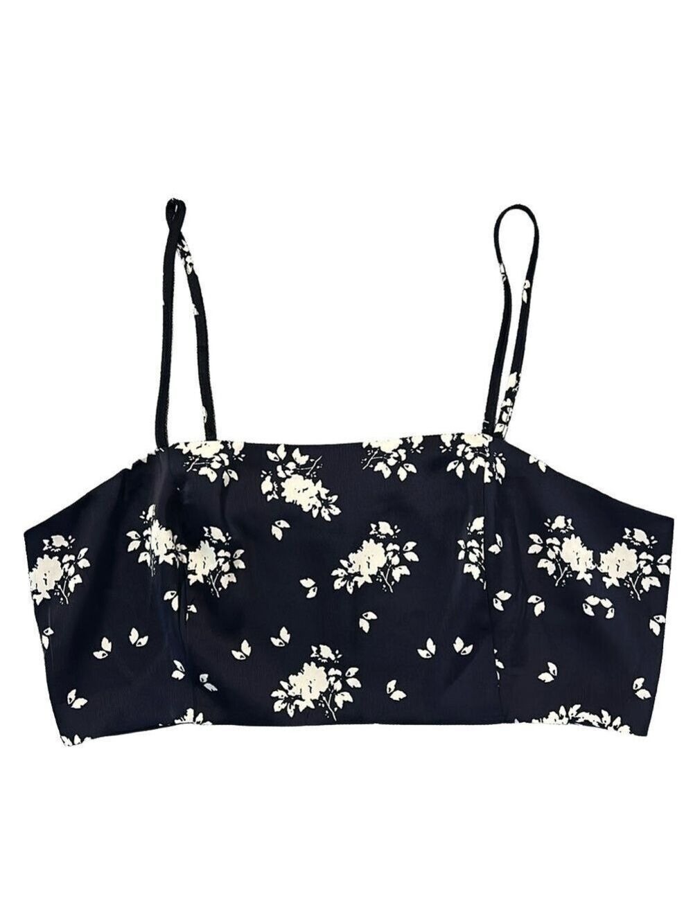 House of Harlow 1960 Satin Navy Blue with White Flowers Spaghetti Strap Crop Top